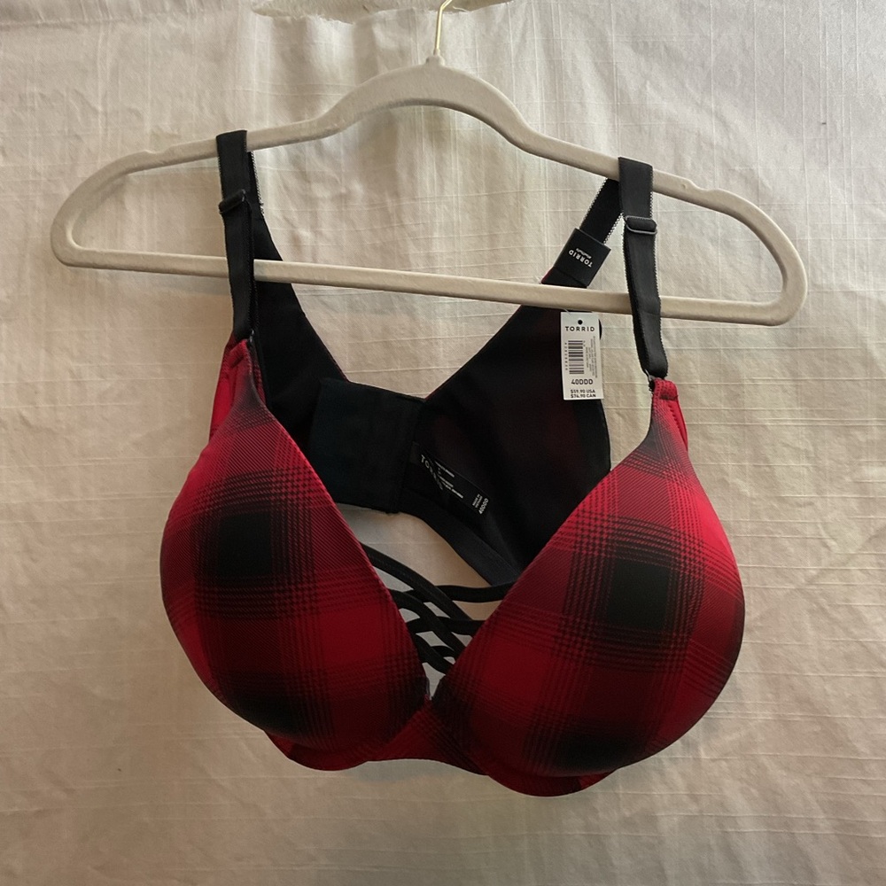 Torrid XO Plunge Push-up Red and Black Plaid Bra 40 DDD - Picture 4 of 4